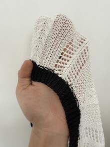 GalTyme Plus Size Vacation Beach Colorblock Striped Hollow Out Knit Cami Dress - Black and White - View 7