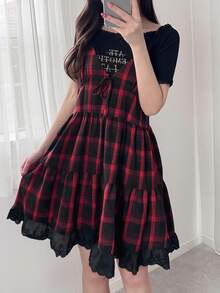 Top sin mangas de algodón casual y versátil con parches a cuadros, tirantes, bordados y decoración de lazo, adecuado para otoño/invierno - Rojo - Ver 3