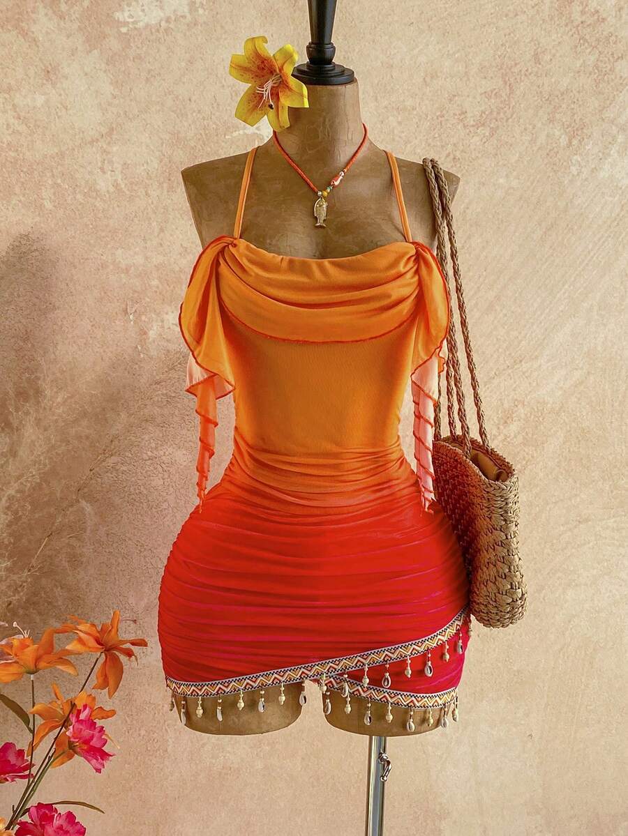 Soleia Women's Sunset Ombre Red Orange Floral Chiffon Mini Dress,Boho Summer Beach Vacation Holiday Outfits,Music Festival,Party,Island Cruise Summer Outfit - Multicolor - View 1
