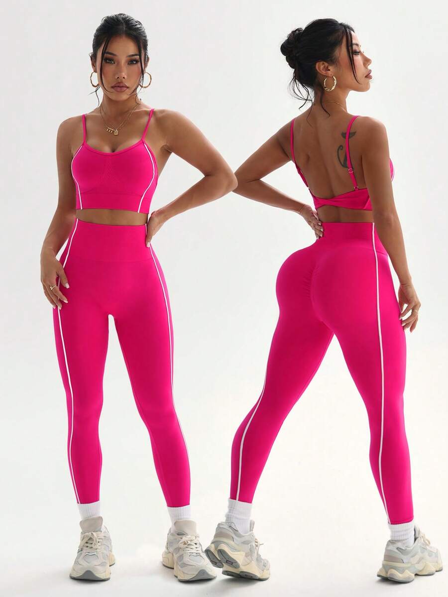 Dewbera Women's Sports Casual Suspender & Tummy Control Lifting Leggings Set - Hot Pink - View 1