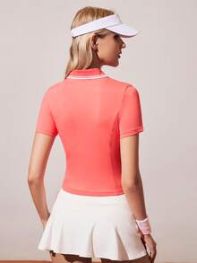 Gameset SHEIN Sport Women's Contrast Collar Short Sleeve Casual Sports Polo Shirt - Orange - View 8