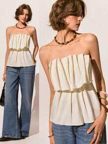 Poéselle Women White Casual Strapless Ruffle Sleeveless Woven Fabric Flared Hem Micro Crop Top - White - View 3