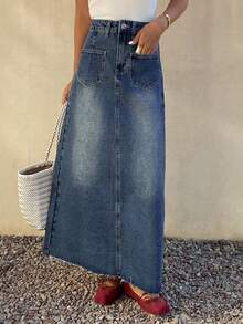 DAZY 女士休闲水洗白色口袋A字牛仔裙，春夏款 - 中等水洗藍 - 查看 3