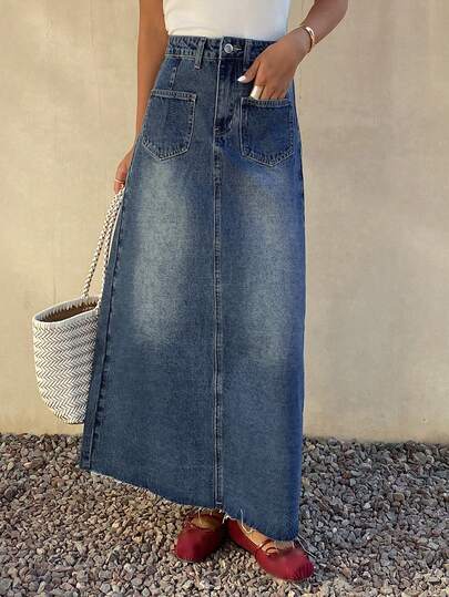 DAZY Women's Casual Washed White Pocket A-Line Denim Skirt, Spring/Summer