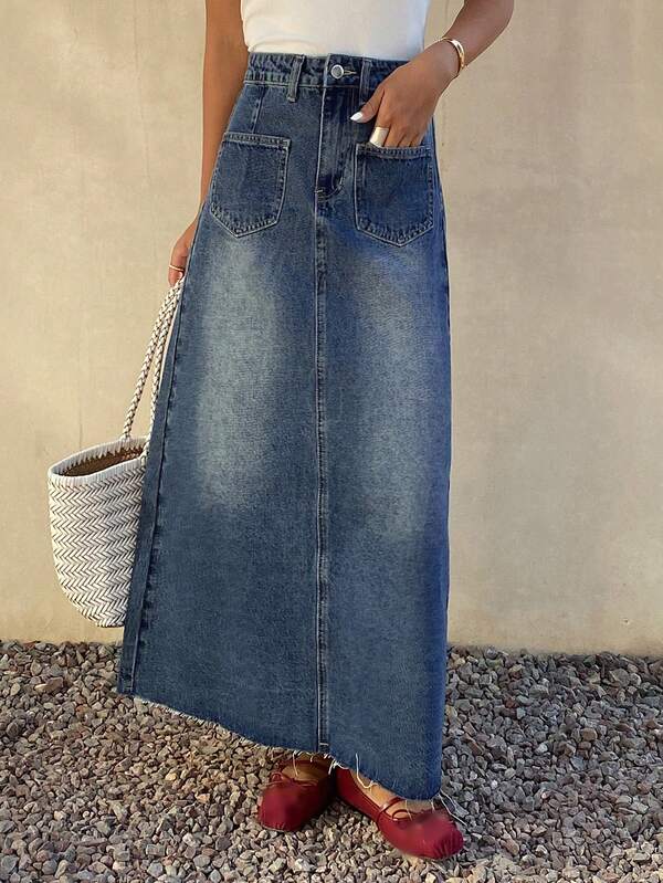 DAZY 女士休闲水洗白色口袋A字牛仔裙，春夏款