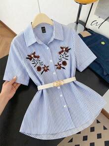 Franclia Blue And White Striped Embroidered Floral Shirt Without Belt. Suitable For Various Occasions Including Commuting, Vacations, And More. - Blue and White - View 5
