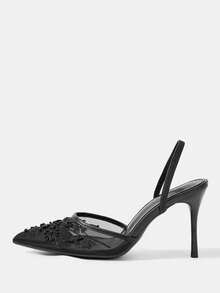 CUCCOO HITCHD 女士春夏优雅珍珠刺绣尖头细高跟浅网面9厘米高跟鞋，适合日常约会、派对和婚礼穿着。 - 黑色A - 查看 2