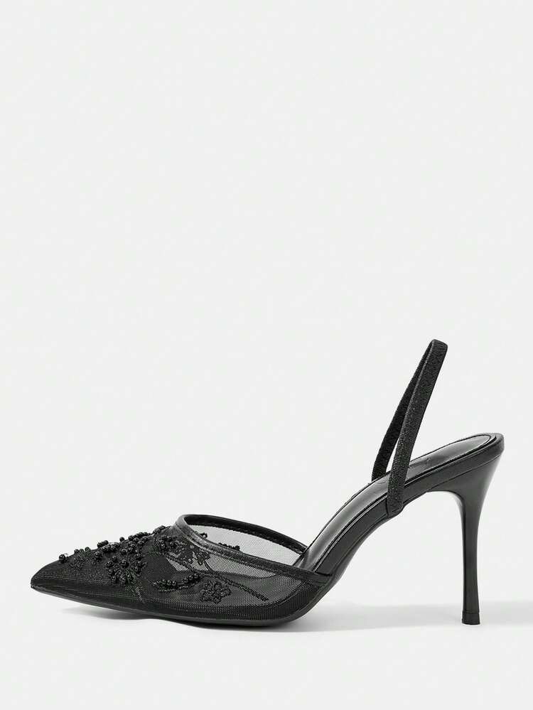 CUCCOO HITCHD Women Shoes Spring Summer Elegant Pearl Embroidery Pointed Stiletto Shallow Mesh 9cm Women's High Heel Shoes Daily Dating Party Wedding