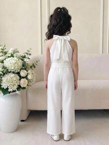 SHEIN 少女春夏休闲优雅修身扭结串珠腰连体裤，白色 - 白色 - 查看 2