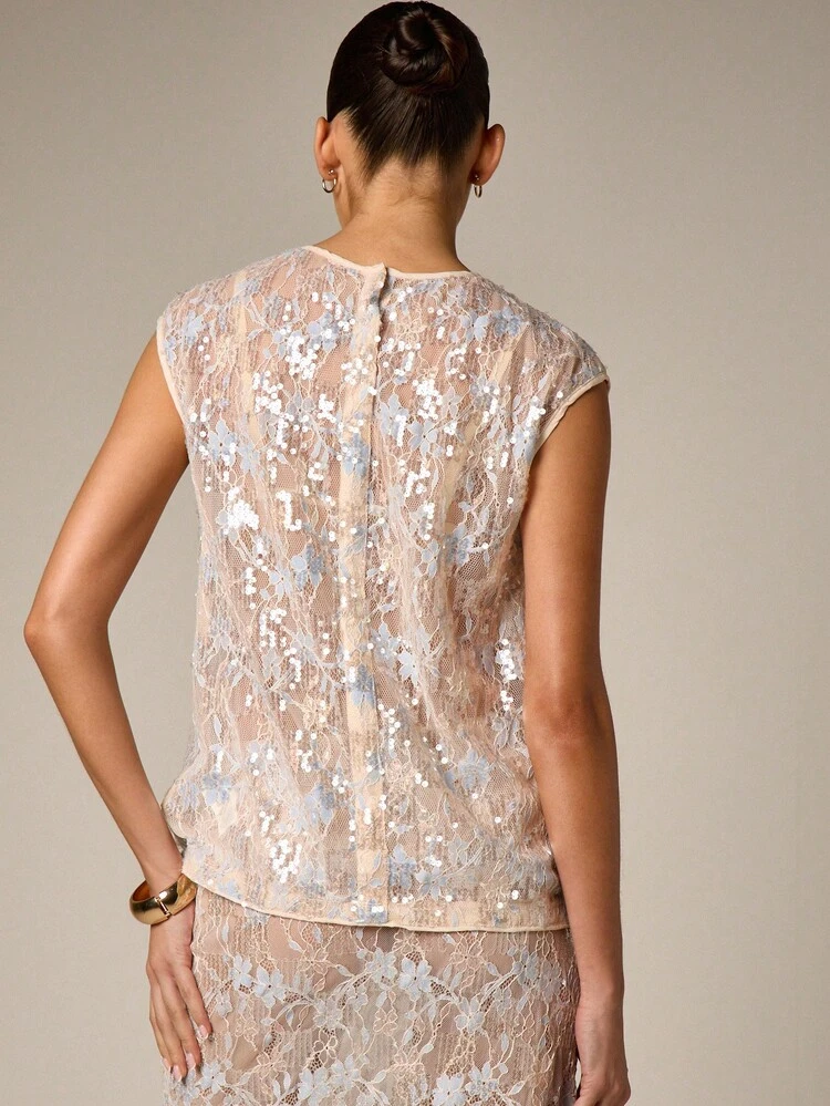 Sequin Floral Lace Cap Sleeve Top