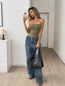 Easowa 绿色亮片装饰抹胸上衣，适合音乐节和派对等场合穿着。 - 軍綠色 - 查看 7