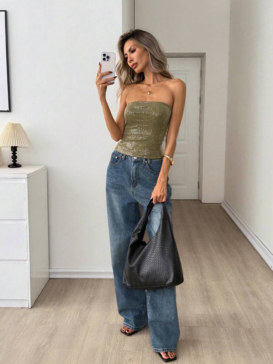 Easowa Top bandeau con adornos de lentejuelas verdes para mujeres, adecuado para festivales de música y moda de fiesta - Verde militar - Ver 1
