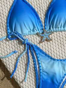 Swim Mod Ombre Starfish Print Metal Accessory Twist Rope Spaghetti Strap Triangle Bikini Top And Side Tie Triangle Bottoms 2Pcs Swimwear Set - Multicolor - View 4