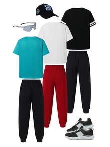SHEIN 6 pièces Achetez-en 3 obtenez-en 3 gratuitement Ensemble de survêtement pour garçons préadolescents, style mode sport minimaliste, t-shirt à col rond ample à manches courtes et pantalon. Convient pour le printemps, l'été, l'automne, les sorties, la Saint-Valentin, les rendez-vous, les voyages, les vacances, les rassemblements familiaux, la rentrée scolaire, les mariages, les galas, les sports - Multicolore - Voir 5