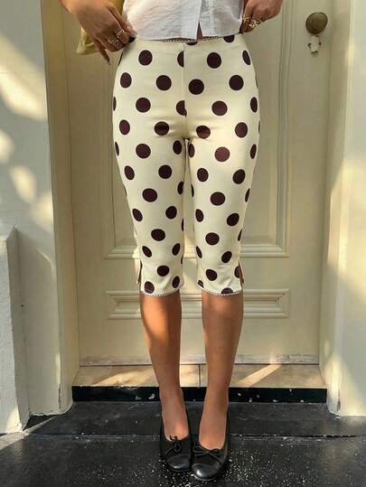 SHEIN EZwear 春夏新款奶油黄棕色波点针织弹力打底裤，女士款，适合比赛日、足球俱乐部、派对季、返校季、音乐节、度假、海滩派对等场合。