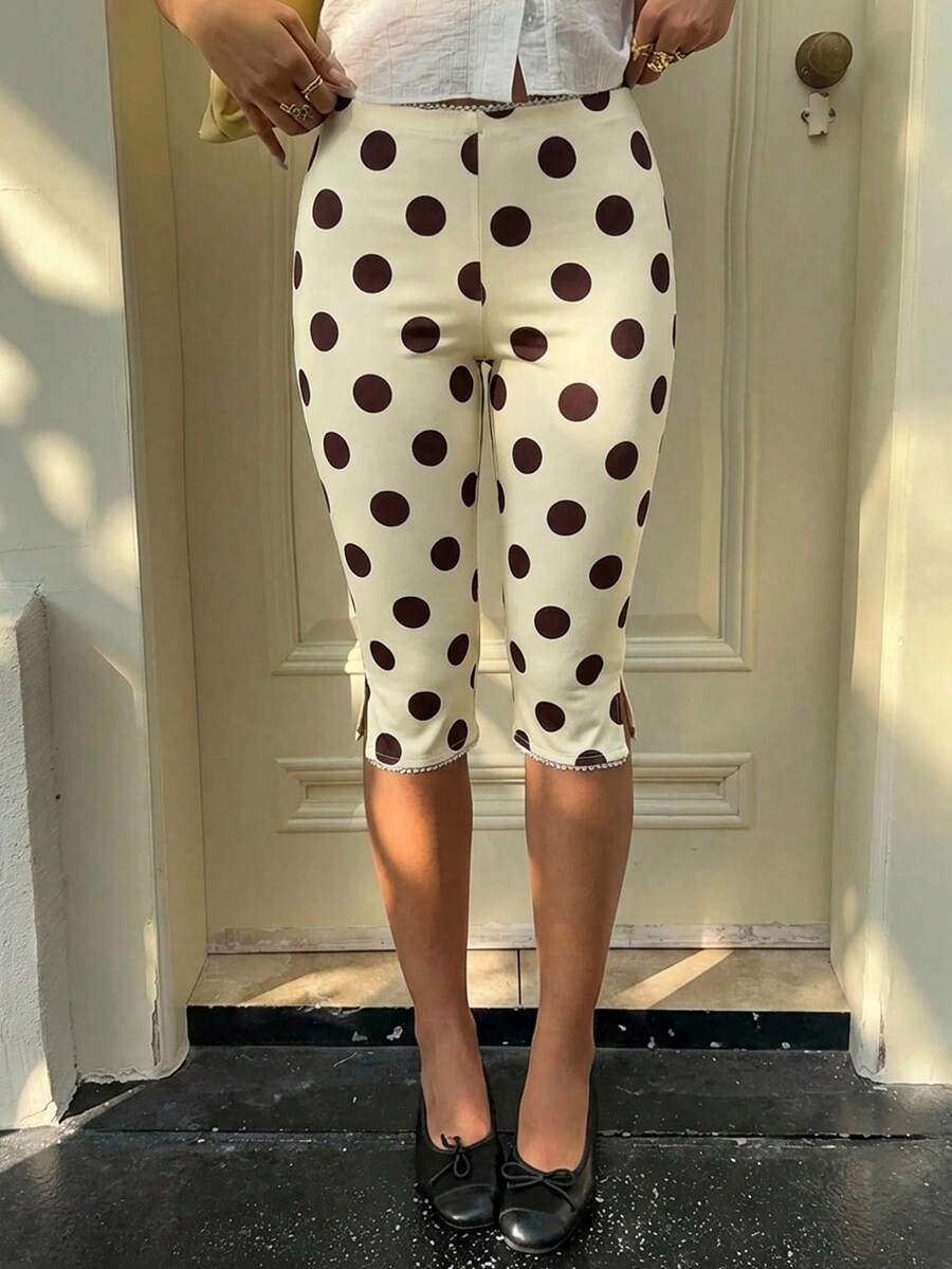 SHEIN EZwear 春夏新款奶油黄棕色波点针织弹力打底裤，女士款，适合比赛日、足球俱乐部、派对季、返校季、音乐节、度假、海滩派对等场合。 - 彩色 - 查看 1