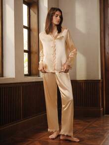 Guipure Lace Trim Satin Pajama Set, Fall Winter Clothes - Champagne - View 3