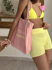 SHEIN Crochet Knit Tote Bag Beach Bag Shoulder Bag Shopper Bag Vacation Bag Summer Bag HollowOut Knit Bag - Yellow - View 5
