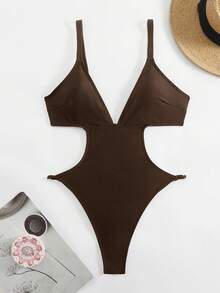 Swim SXY Nuevo traje de baño de una pieza con escote en V profundo, recorte sexy y espalda descubierta, para el verano - Café integral - Ver 3