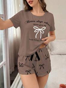 Conjunto de pijama de pantalón corto y estampado de lazo y letra de manga corta - Multicolor - Ver 4