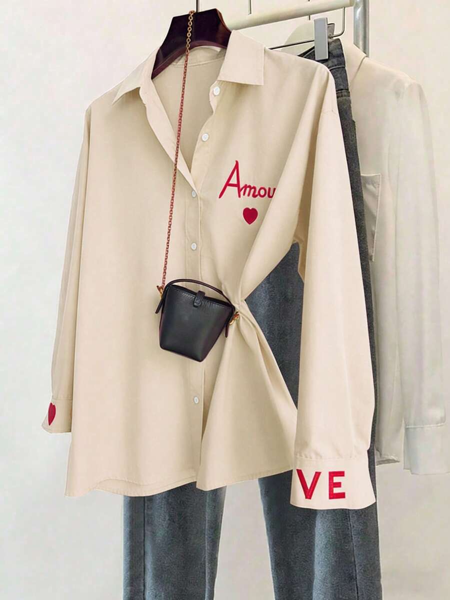 Franclia Classic Striped Long Sleeve Shirt, Delicate Embroidered Pattern, Loose And Comfortable Fit - Apricot - View 1