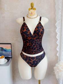 Women's Leopard Print V-Neck Tankini Swimwear Set, Casual Vacation Mature Style, Adjustable Straps, Slimming Design, Spring/Summer Animal Print Swimwear Women's Swimsuits Leopard One Piece Swimsuit Leopard Print One Piece Festival Outfits For Women Party Outfit,Beach Outfits - Multicolor - View 5