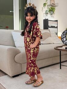 Dazy Kids Girls Elegant Floral Textured Round Neck Mermaid Midi Dress, Summer - Red - View 1