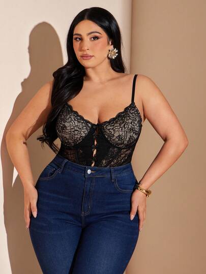 SHEIN BAE Plus Size Women's Black Camisole Bodysuit, Bowknot Decor Semi-Sheer Camisole