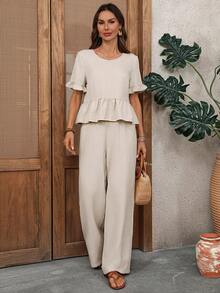 EMERY ROSE 女士纯色圆领褶皱短袖上衣和阔腿裤休闲两件套 - 卡其色 - 查看 7