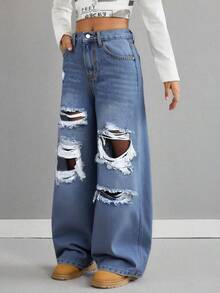 Tween GirlsBlue Distressed Loose Fit Jeans - Medium Wash - View 3