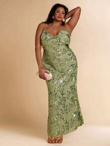 SHEIN BAE Plus Size Women Green Beaded Halter Maxi Dress, Vacation - Green - View 6
