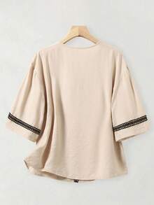 Franclia 女士休闲V领T恤，饰有缎带，宽松版型，杏色 - 杏色 - 查看 6