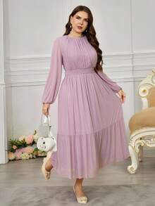 Veilorie Plus Size Women's Solid Color Round Neck Lantern Sleeve Shirred Waist Elegant Dress - Pink - View 6