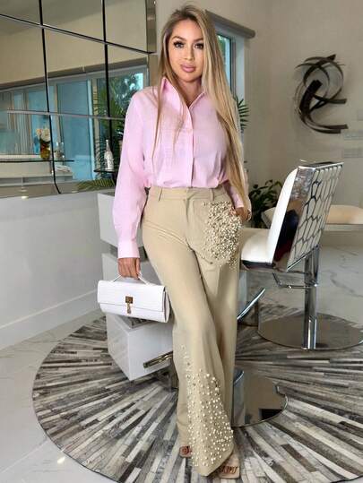 Cioccolato 女士经典露肩商务衬衫，长袖，纽扣开襟，粉色，适合办公室通勤穿着，优雅商务休闲上衣