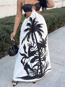Alexandranx 女士波西米亚风假日椰树印花撞色露背长裙，适合夏季派对穿着 - 彩色 - 查看 3