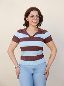 Lupita Cardoza 撞色条纹 Polo 领针织上衣，法式街头风格，短袖夏季衬衫 - 咖啡棕 - 查看 1