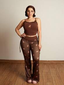 Lupita Cardoza 可爱鹿刺绣蕾丝上衣搭配鹿印花喇叭裤 - 棕色 - 查看 1