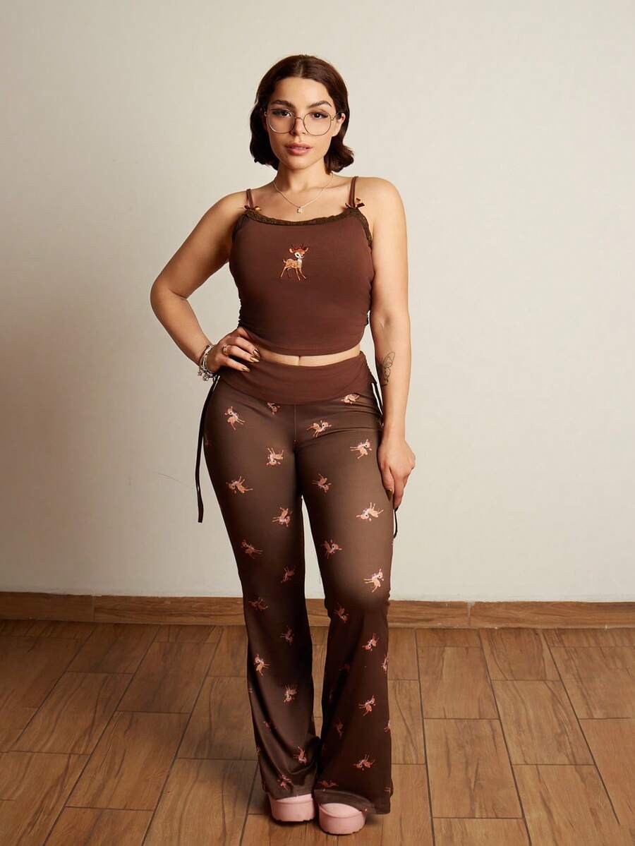 Lupita Cardoza 可爱鹿刺绣蕾丝上衣搭配鹿印花喇叭裤 - 棕色 - 查看 1