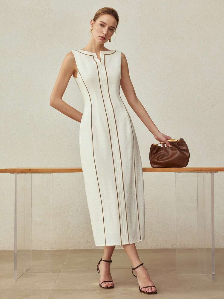 SLEEVELESS CONTRAST TRIM LINEN MIDI DRESS, CLASSIC ELEGANT FOR COMMUTING, SPRING/SUMMER