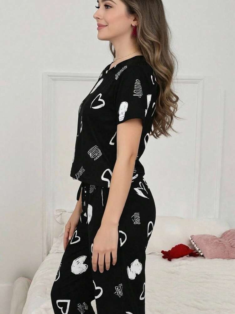 L PAJAMAS SET WITH SHORT SLEEVE TOP AND PANTS WITH HEART AND LETTERS PRINT - Black - View 2