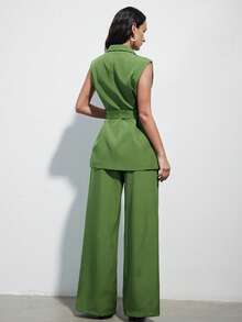 Aveloria Modichic Minimalist Versatile Commuting Chic Sleeveless Lapel Belt Blazer Jacket Paired With Wide Leg Suit Pants, Women's Suit Set - Green - View 6