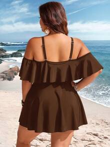 Swim Lushoire 2026新款纯色荷叶边可调节肩带大码泳衣裙，适合海滩度假 - 咖啡棕 - 查看 3