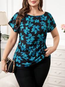 Reflora Plus Size Women Floral Print Round Neck Short Sleeve Casual Shirt Blue Top Blouses Tops For Elegant Curvy - Blue - View 4