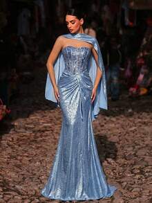 Glamrae Elegant Blue Luxury 3D Beaded Embroidered Bandeau Mermaid Twist Wrap Slim Fit Fishtail Dress, Suitable For Dates, Vacations, Singles Parties, Weddings, Women's Evening Gown - Blue - View 4