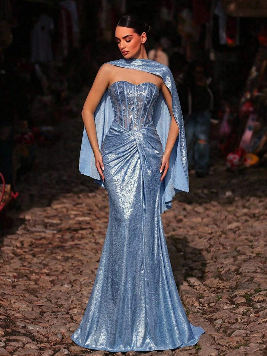 Glamrae 优雅蓝色奢华3D串珠刺绣抹胸美人鱼扭结裹身修身鱼尾连衣裙，适合约会、度假、单身派对、婚礼、女士晚礼服 - 藍色 - 查看 1