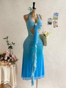 Soleia Blue Girly Summer Dresses For Women Holiday Vacation Holiday,Halter Backless Bow Tie Metal Decor Ruffle Tropical Boho Beach Wedding Guest Outfits - Multicolor - View 3