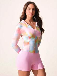 SHEIN Sovereign Charm 女士扎染拉链休闲百搭日常长袖运动夹克 - 彩色 - 查看 5