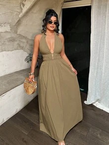 SHEIN SXY Women's Solid Color Deep V Neck Ruched Design Sexy Dress,Summer Dresses For Women - Khaki - View 5
