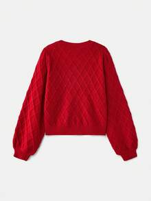 lacRébo 女士纯色圆领长袖休闲针织开衫，秋冬季 - 紅色 - 查看 8