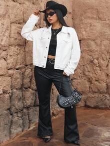 SHEIN ICON Plus Size Casual Solid Color Distressed Denim Jacket - White - View 6